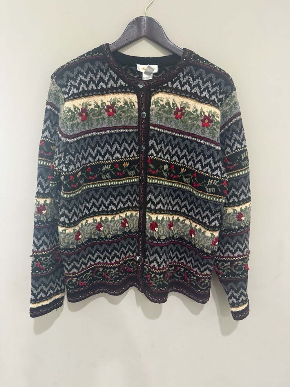 Talbots Cardigan Sweater Size L Black Grandma Floral Embroidered Silk Blend